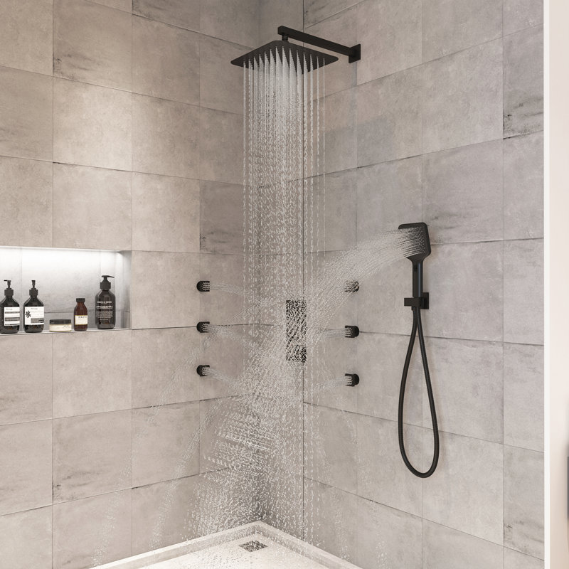 3 Functions 12 Inch Wall Mount Thermostatic Shower System with 6 Body Jets, Matte Black