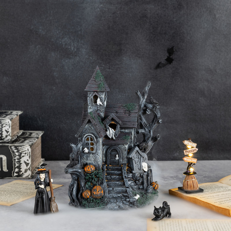 Ensemble de maison hantée 4 pièces en résine avec minuterie Halloween