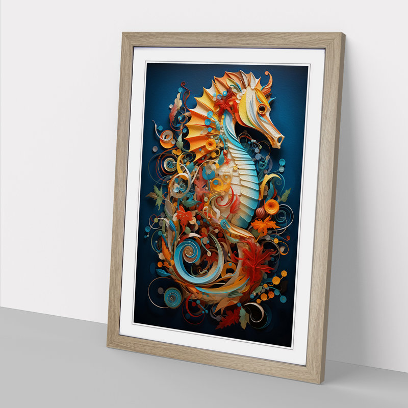 Seahorse Contemporary - Single Picture Frame Print on Wood, 46cm H x 34cm W x 2cm D, Oak 