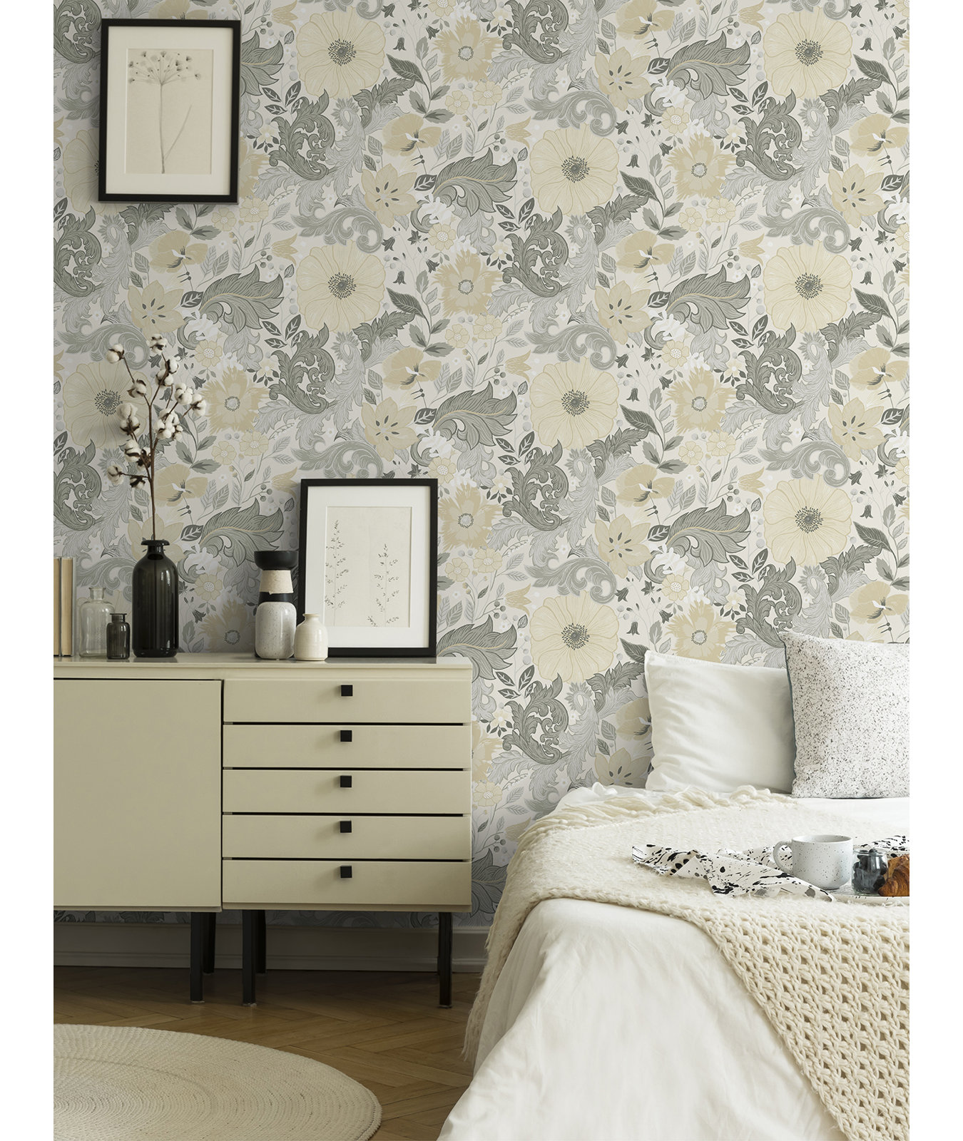 Adamo Floral Wallpaper, White/Gray