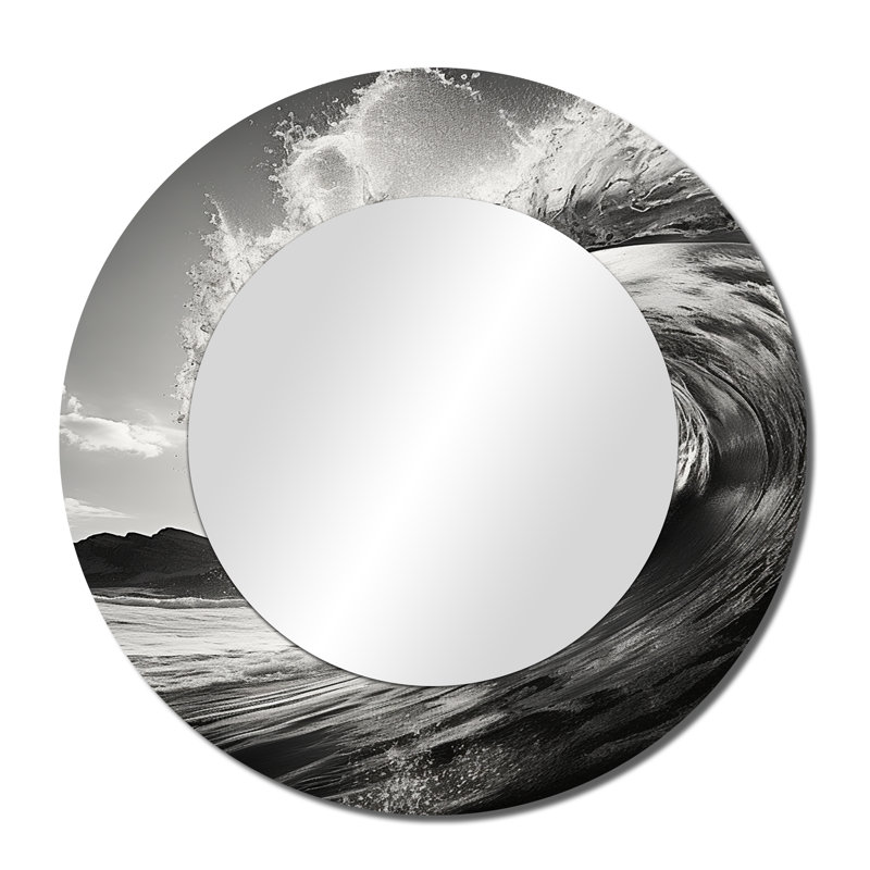 Black And White Wave Photo I - Beach Decorative Wall Mirror, Gray Mirror, Printed Metal Art, 36" x 36", Round