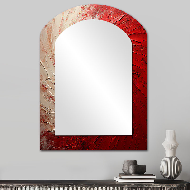 Rouge et blanc spirale fantaisiste - miroir asymétrique spirales abstraites, miroir mural rouge unique, impression sur métal