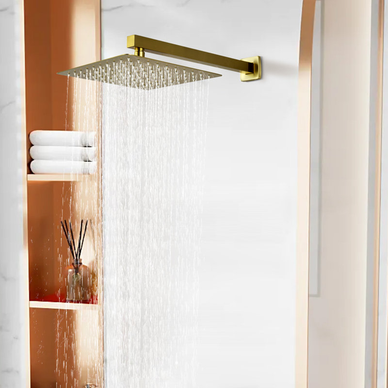 10 Inches Wall Mounted Rain Shower Head,Square Showerhead With Shower Arm,Stainless Steel, Brushed Gold