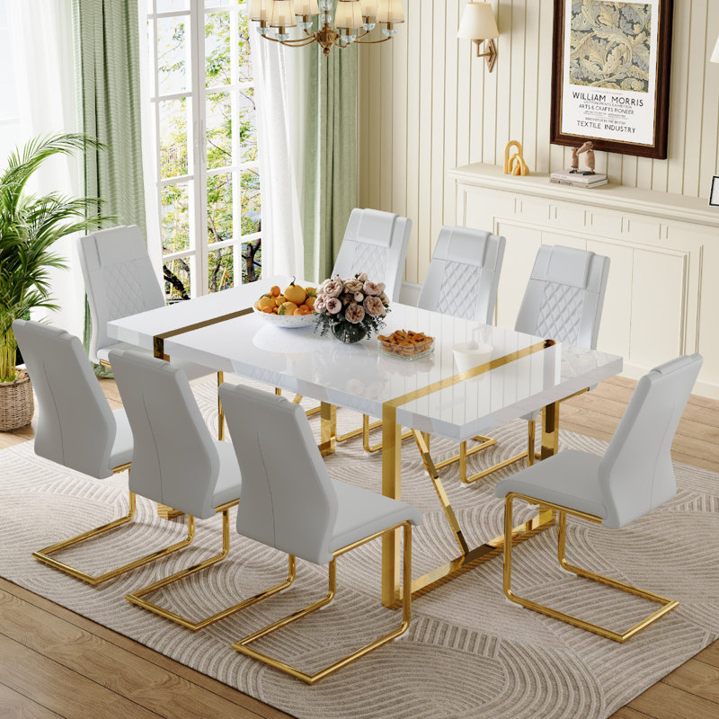 Neithen 8 - Person Dining Set, Modern Rectangular Dining Table Set with 8 Luxury Faux Leather Dining Chairs, White/Gold, Gold