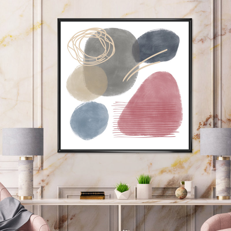 Éléments abstraits rouges, bleus et gris organiques - Peinture sur toile, H 16 po x l 16 po x P 1 po, Cadre flottant noir
