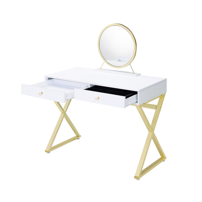 Bureau de meuble-lavabo blanc et doré avec configuration rectangulaire, poignée en cristal, structure en métal, plateau à bijoux avec miroir inclus, garniture coulissante du tiroir central, 2 tiroirs