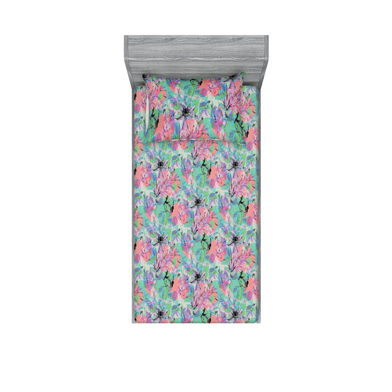 Drap-housse et taies décoratives 3 pièces Ambesonne, Turquoise, rosé, coquille d'œuf / floral
