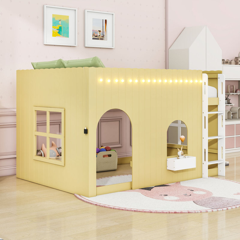 Country-Style Loft Bed with Built-in Warm Lighting and Versatile Play Space, Primrose Yellow, Full