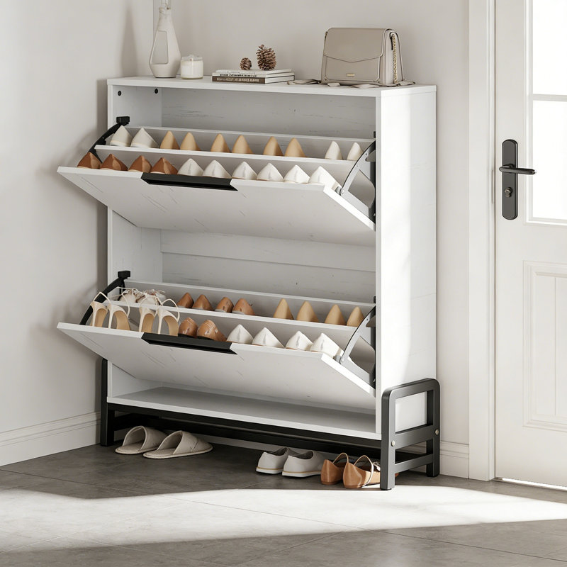 Shoe Cabinet With 2 Flip-Down Drawers – Freestanding Adjustable Narrow Shoe Rack With Metal Legs, White