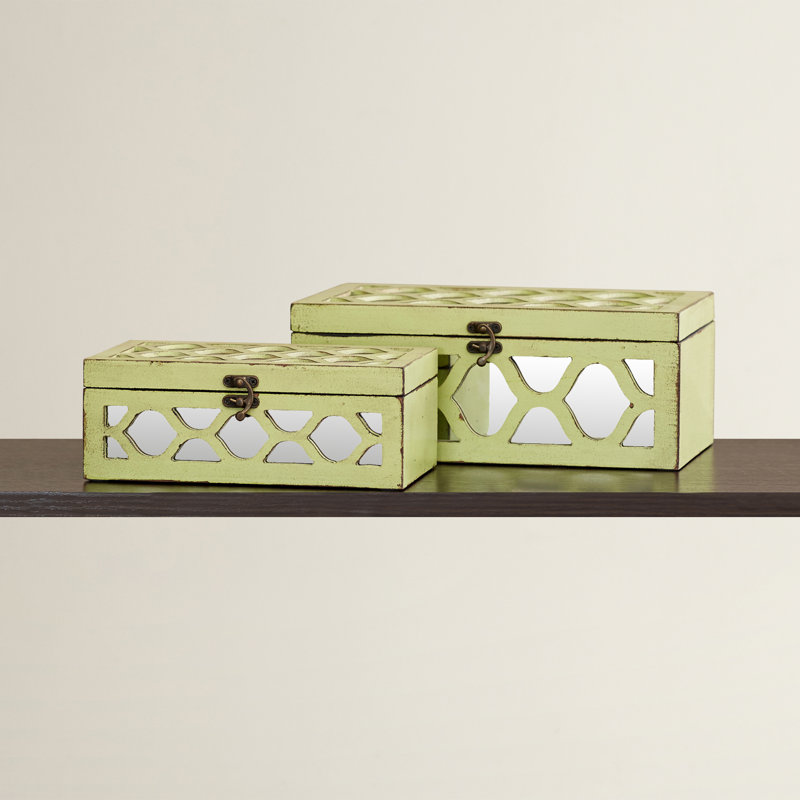 Eziah Fir Wood Mirrored Decorative Boxes (Set of 2), Green