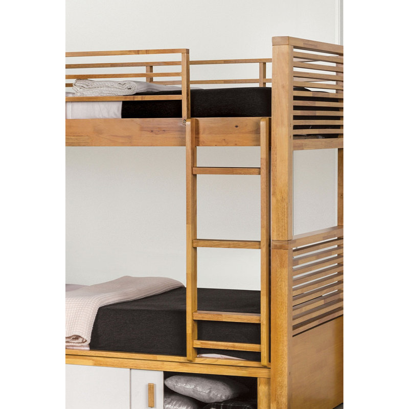 Lit superposé simple au-dessus de chêne au design transitionnel, structure en bois massif, rangement sous le lit et réversible avec finition, porte coulissante et joint