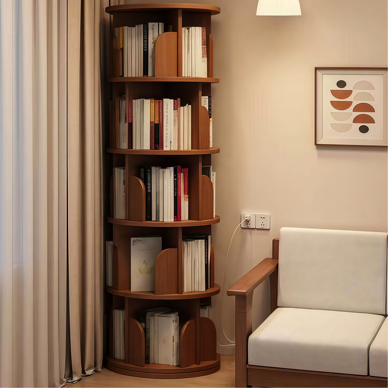 Bibliothèque 360 ° rotative à 5 niveaux pour les petits espaces dans la chambre à coucher, le salon, la maison - noyer, et la maison ronde rotative multifonctionnelle, économisant de l'espace