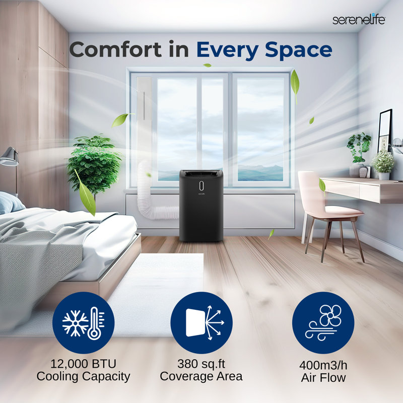 Climatiseur portatif Serenelife 12 000 BTU - Climatiseur autoportant compact 3-en-1 pour une pièce jusqu'à 380 pieds carrés Pi. - Unité CA de plancher avec télécommande - Roulettes universelles, ensemble de fixation pour fenêtre