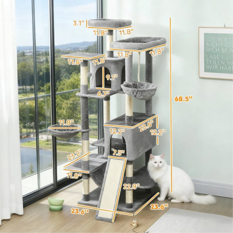 Arbre à chat de 68,5 po avec trois hamacs, deux condos et des perchoirs: des poteaux à sangles à base large et à double stabilité pour un exercice à griffes