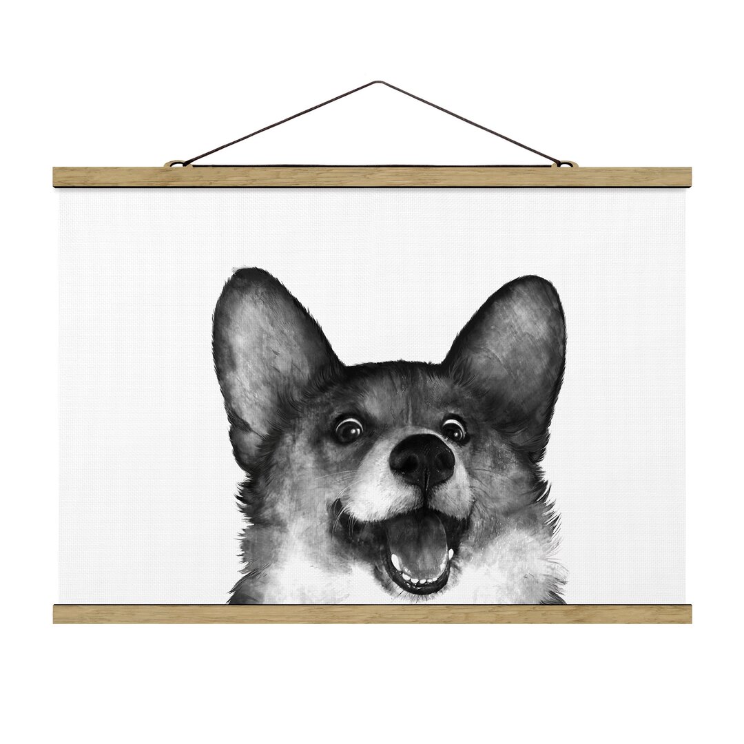 Stoffbild Illustration Dog Corgi White Black Painting von Laura Graves