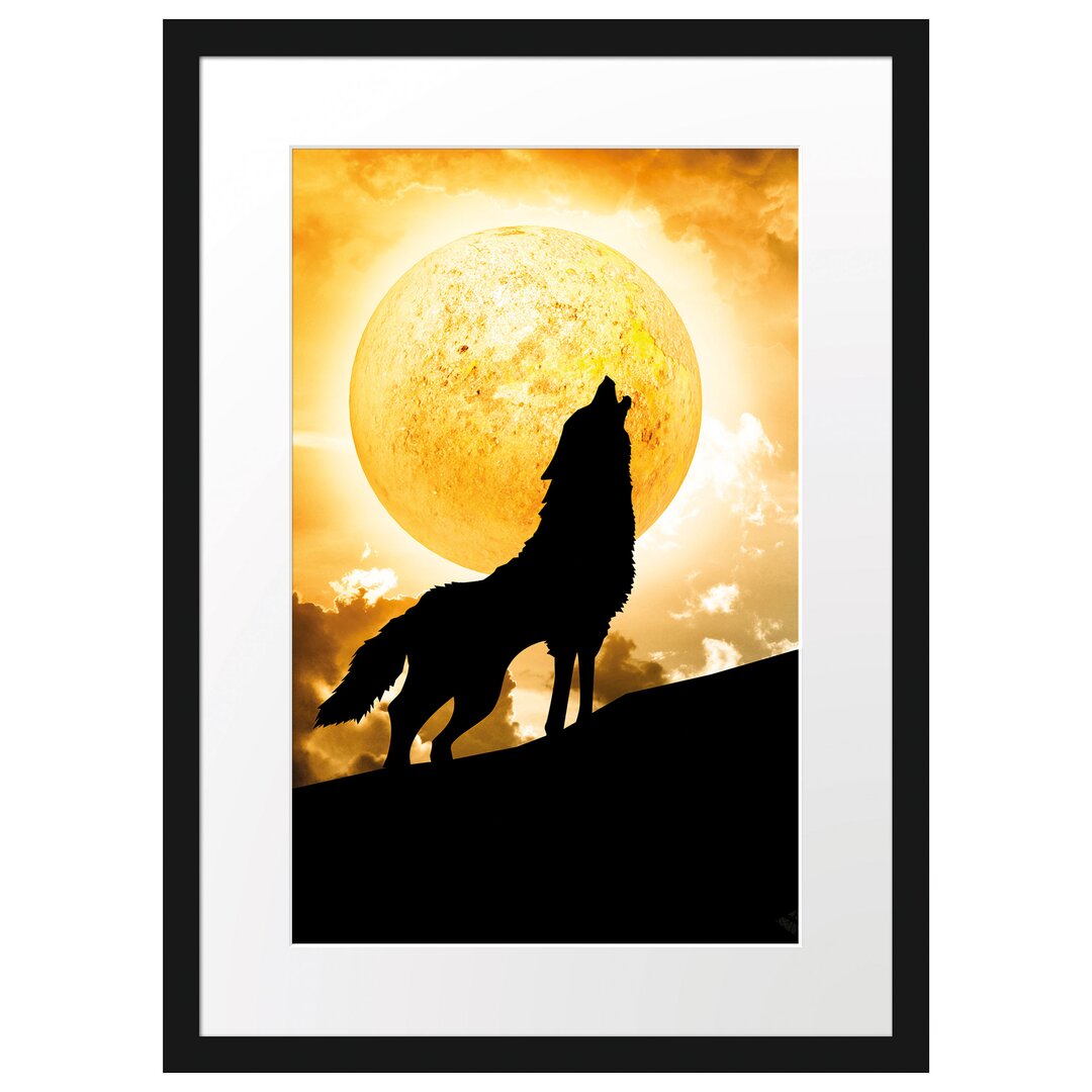 Gerahmtes Poster Wolf heult den Mond an