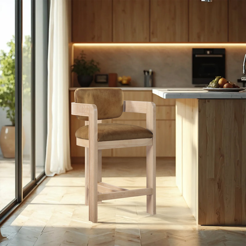 Tabouret rembourré Sacha Howley, Velours, Naturel, Selle de cuir