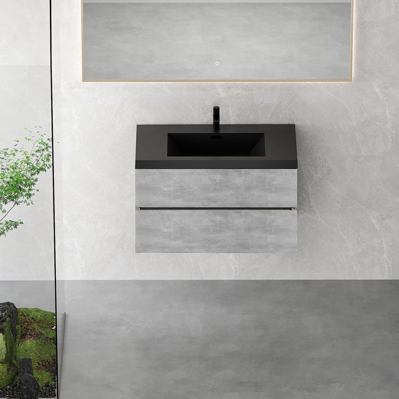 Meuble-lavabo flottant 36 po avec lavabo, meuble-lavabo mural moderne avec lavabo à quartz noir et tiroirs à fermeture en douceur, série EDI gris ciment 24V12-36GR