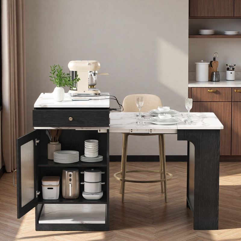 Extendable Storage Kitchen Island with Double-sided Storage and Power Outlet, Black