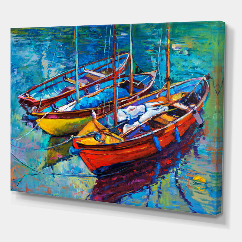 Trois bateaux dans le port - Peinture sur toile, H 30 po x l 40 po x 1,5 po, Toile tendue