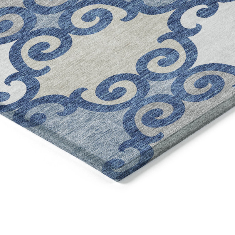 Tapis extérieur lavable à motif de treillis 10 pi x 14 pi bleu marine et ivoire