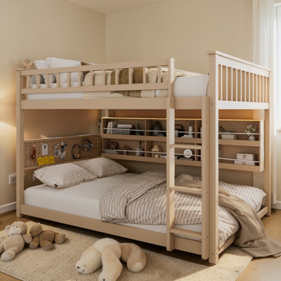 Full Over Full Bunk Bed, Space-Saving Design, Wood, Shelves & Pegboard, Modern Farmhouse, Kids' Bedroom