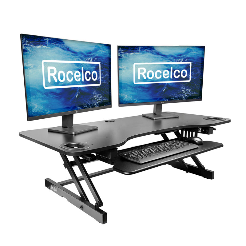 Rocelco 45 in. Black Height Adjustable Standing Desk Converter with Triple Monitor Riser and Dual Piston Lift Mechanism