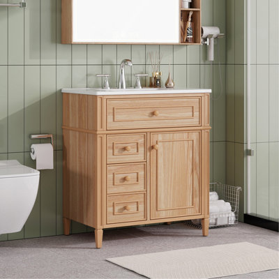 Meuble-lavabo de 30 po avec lavabo, meuble-lavabo en bois avec tiroir rabattable, 2 tiroirs à fermeture en douceur, 1 porte à fermeture en douceur, bois massif et panneau de fibres à densité moyenne, poignées en bois élégantes