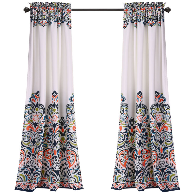 Navy and Tangerine Damask Pattern Blackout Drapes, Set of 2