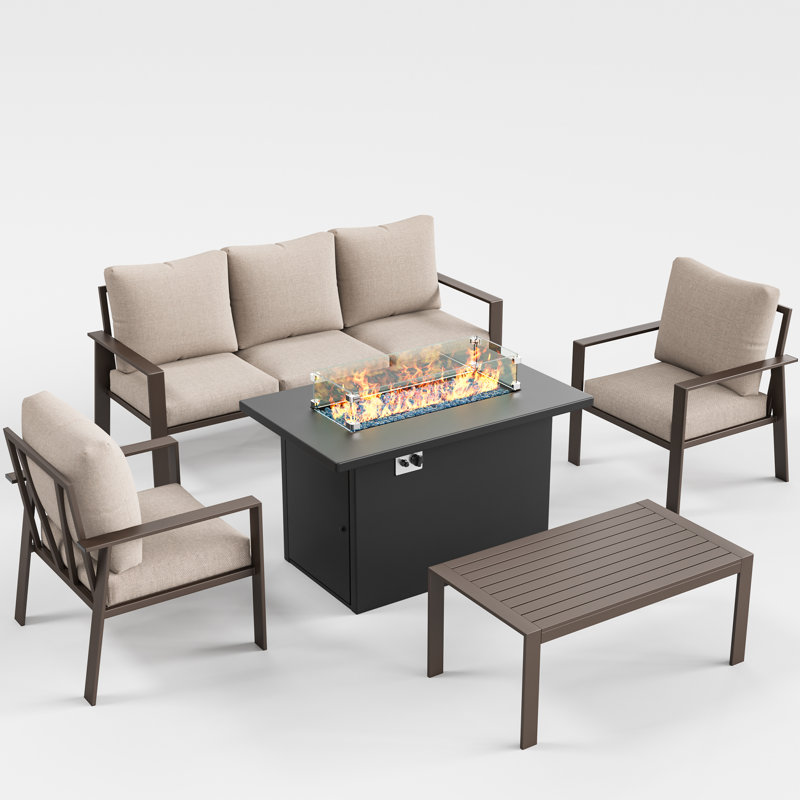  Modern Outdoor Aluminum 5-Piece Conversation Set with Fire Pit Table, Beige, Yes