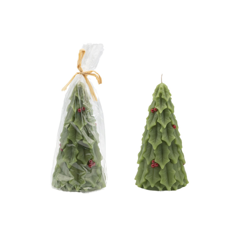 Bougie non parfumée en forme d'arbre avec houx