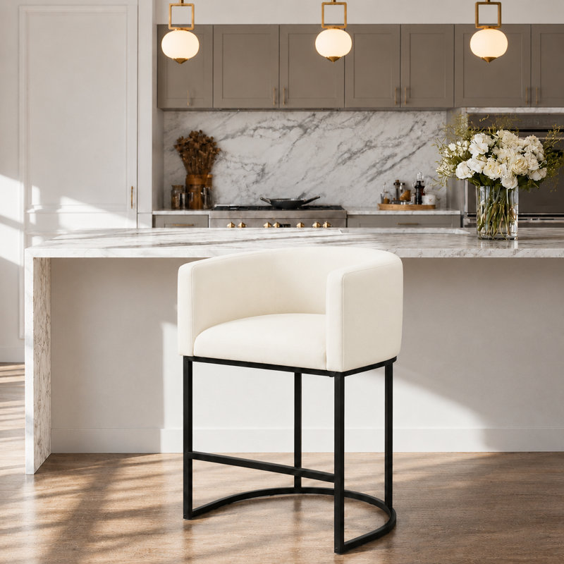 26" Upholstered Metal Barrel Counter Bar Stool, Beige Seat/Black Frame, 1