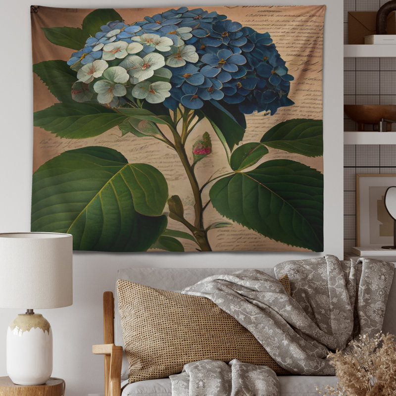 Polyester hydrangena en fleurs dans des couleurs rétro I tapisserie avec des punaises, H 32 po x l 39 po