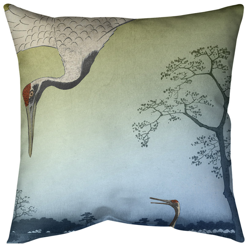 Housse de coussin Japanese Cranes Euro, Bleu / dégradé vert, Polyester sergé