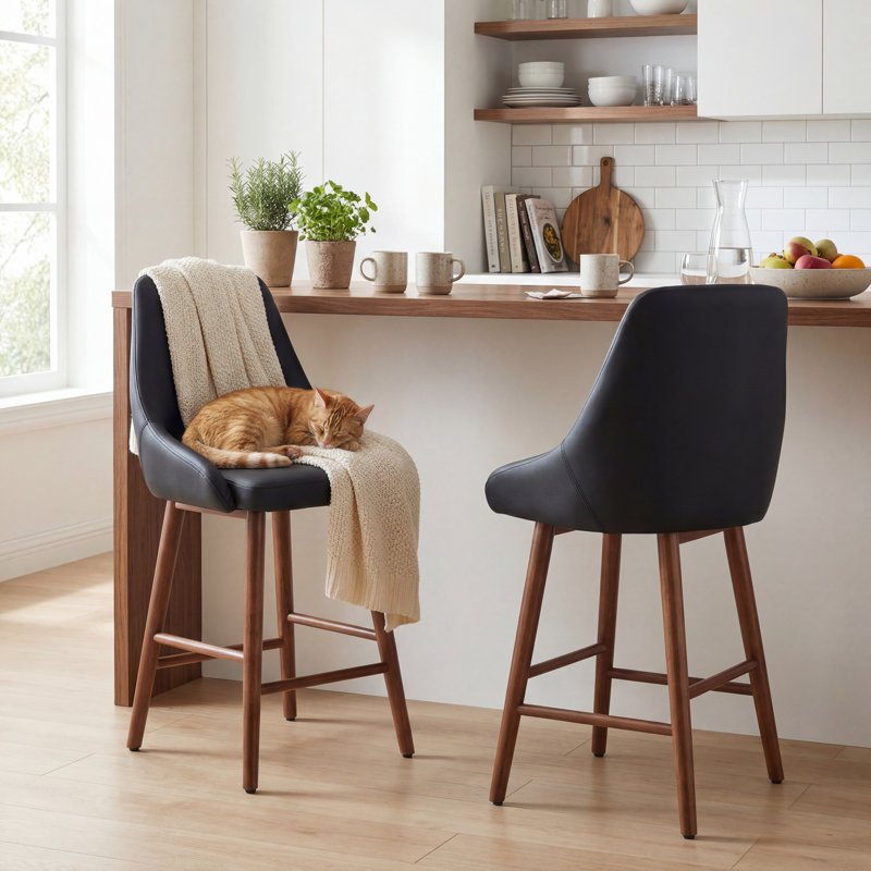 Upholstered Bar Stool with Wooden Legs Modern Counter Stool with Back & Footrest Comfortable Kitchen Island Stool for Home Bar