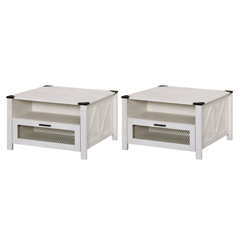2 Pack Coffee Tables For Living Room, Drawer Coffee Table With Storage,Square Accent Furniture With 4 Compartments Open Shelf,Antique White