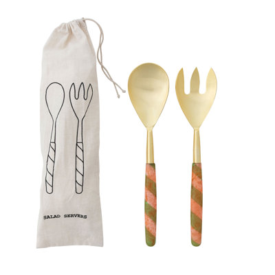Stainless Steel Salad Server Set With Marbled Resin Striped Handles