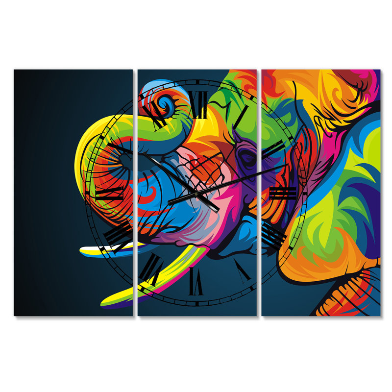 Horloge murale 3 panneaux The Happy Rainbow Elephant