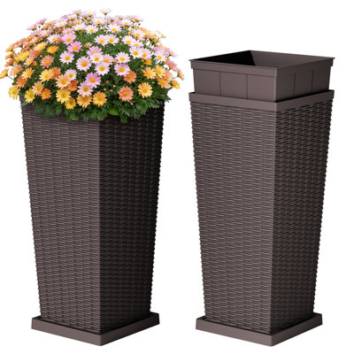 25/31 in. Imitation-Wicker Plastic Tall Planter Pot with Drainage Hole & Tray