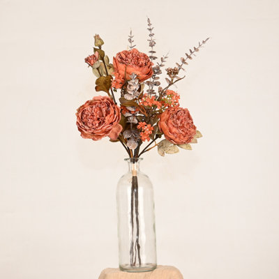 Arrangement floral de pivoines artificielles avec verre, fausse fleur de style campagnard pour centres de table de salle à manger
