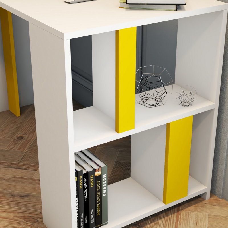Bureau d'étude moderne avec capacité de fixation murale, blanc et jaune, 47,2 po x 29,7 po x 23,6 po | 100% panneau de particules enduit de mélamine, épaisseur: 0,7 pouce | Nombreuses tablettes pour l'organisation, parfaites pour le bureau personnel et le bureau