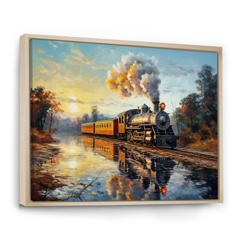 Peinture d'un train à vapeur au coucher du soleil, H 24 po x l 32 po x P 1 po, Cadre naturel flottant