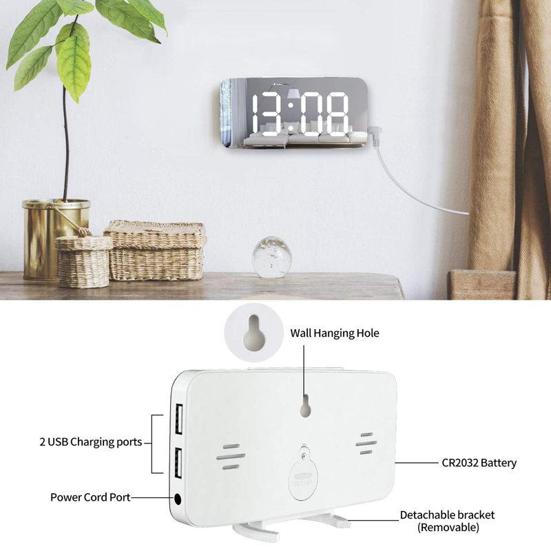 Digital Alarm Clock, Large LED Display, USB Charger, White