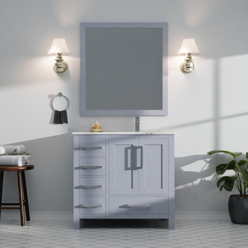 Bath Vanity with Right Offset and White Quartz Top, Dark Grey