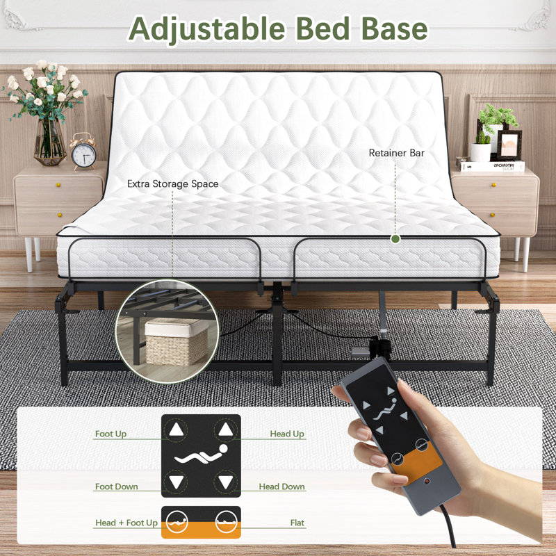 Electric Adjustable Bed Frame, Head And Foot Incline Bed Base With Low-noise Motor And Wired Remote Control, Queen