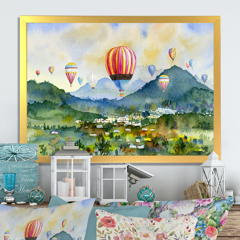 «Colorful Air Ballons Landscape II», reproduction sur toile flottante, Cadre doré, H 30 po x l 40 po x P 1,5 po