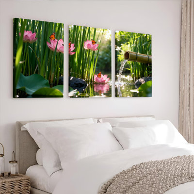 Fleurs de lotus, papillons et eau de bambou, ensemble de 3 reproductions d'art sur toile tendues sur toile