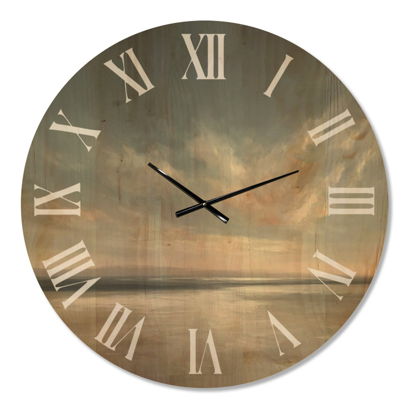 Grande horloge de plage - coucher de soleil vue aérienne de vagues, imprimée sur bois, Oversized