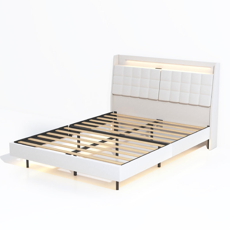 Upholstered Platform Bed Frame With Headboard - Floating Design, Built-In LED Lights, USB Charging Station & Hidden Storage.