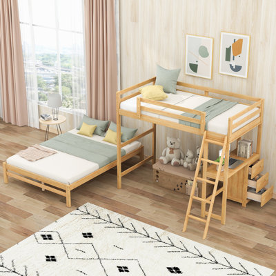 Lit superposé simple au-dessus d'un lit double avec bureau intégré et trois tiroirs, naturel (ancien sku: SM000709AAD)